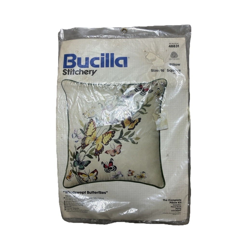 Bucilla Stitchery Windswept Butterflies 16" Square Pillow Kit 48831 USA Vintage